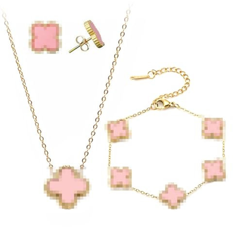 Vierblättriges Kleeblatt Schmuckset 18 Karat Vergoldeter Edelstahl Vierblättriges Kleeblatt Vierblättriges Glücksklee Schmuck Set Für Damen Für Muttertagsgeschenke Geschenke Valentinstag, Sakura Pink