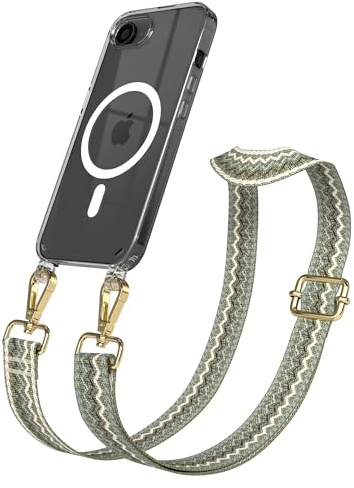EAZY CASE Handykette - Verstellbares Taschenband kompatibel mit iPhone 16e, Schulterriemen, Handykordel mit Silikon Hülle, Qi Charging kompatibel, Umhängetasche, Grün Beige Gold