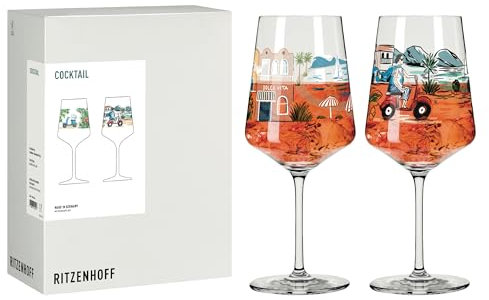 RITZENHOFF 8096004 Cocktail-Glas 2er Set 500 ml, Serie Entdecker, 2 Stück mit Roller-Motiv, bunt - Made in Germany