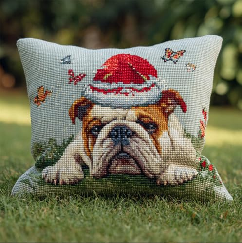 Henypt Kreuzstich Stickpackungen Kissen Front Zum Selbersticken Bulldogge Mit Weihnachtsmütze 45X45Cm Stickbild Auf 100% Baumwoll Stoff Und Stickgarn, Stickvorlagen Kreuzstichkissen Zum Überwurf-Ki