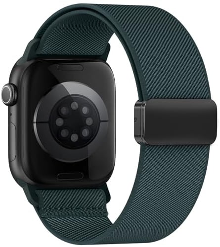 Yoohoo Elastic Nylon Strap for Apple Watch Straps 38mm 40mm 41mm 42mm 44mm 45mm 46mm 49mm Women Men,Strong Magnetic Clasp Stretchy Bands for iWatch Series 11 10 9 8 7 6 5 4 3 2 1 Ultra SE,Dark Green