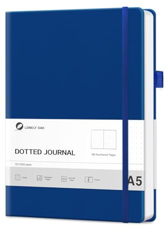 Lonely Oak Notizbuch A5 Hardcover Bullet Dotted Journal 120g/m²Dickes Premium Säurefreies Papier, 156 Seiten Journal mit Gummiband & Innentasche, 14,5 x 21,3 cm(Blau)