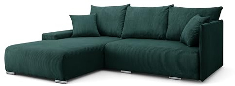 Margaret Hadas24 Ecksofa L Form Lauren 246x188 cm mit Schlaffunktion und Bettkasten, 4 Sitzer, Bettzeugablage, Sofa Sofagarnitur Couch Schlafsofa Sofa Wohnzimmersofa, Cord (grün, Links)