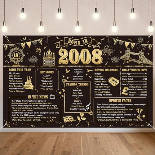 Benjia 18th Birthday Banner Decorations for Boys Girls Born in 2008 UK Background Happy 18 Years Old Birthday Backdrop Cheers to 18 Years Banners Black Gold Poster Bday Gift Home Decor Party Supplies
