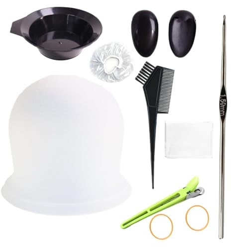 Silikon Highlight Kappe, Silikon Strähnchenhaube mit Löchern, wiederverwendbare Strähnenhaube zum Haarefärben, inkl. Häkelnadel, Haarfärbeset mit Farbpinsel Haare Färben & Friseur Zubehör