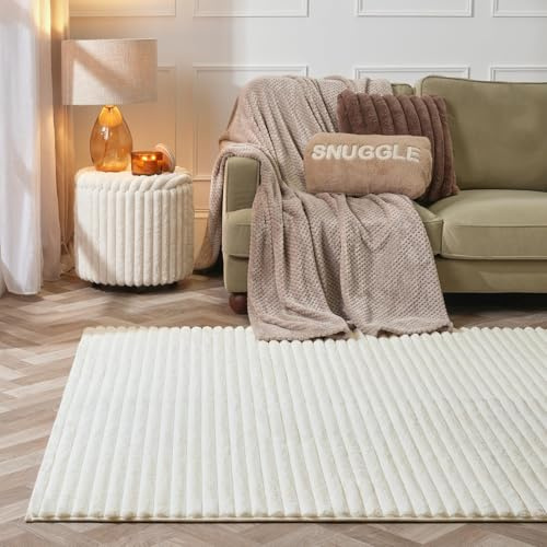 OHS Cream Rugs Living Room Large 160 x 230, Faux Fur Ribbed Area Rugs for Bedroom Home Decorative Super Soft Comfy Modern Lounge Rug Anti Slip Low Pile Floor Carpet Non Shedding