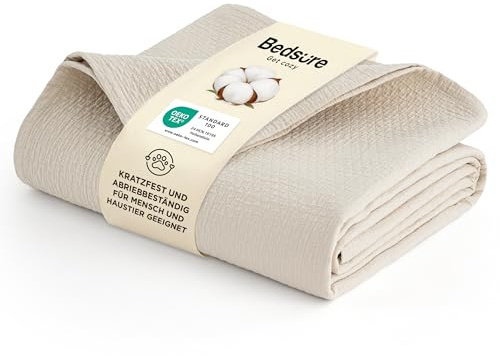 BEDSURE Tagesdecke 100% Baumwolldecke 180x240 - Hundedecke, Beige | Kuscheldecke mit Rautenmuster Haustierfreundlich, Scheuerfest, Nicht Fadenziehend Ideal für Sofa, Sommerdecke, Musselin Decke