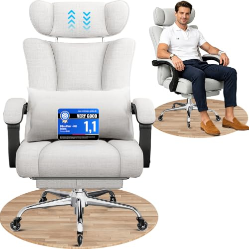 BASETBL Heavy Duty Executive Office Gaming Chair for Big and Tall, Grey | 200 kg Capacity, 60 × 55 cm Spring Seat, 78 cm Backrest, 9 cm Headrest, 90°–120° Recline, Sync Arms, Footrest, Lumbar Pillow