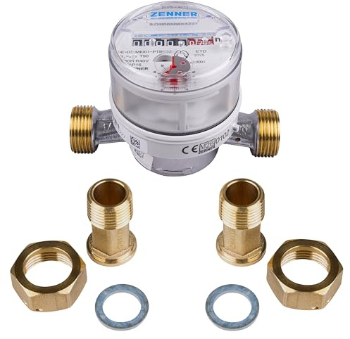Zenner Wasserzähler Kalt- und Warmwasser, 1/2 Zoll, 110 mm Baulänge, mit Verschraubung, Eichung 2026 mit Kennzeichnung  CE M26 0102 Seitlich am Zähler.