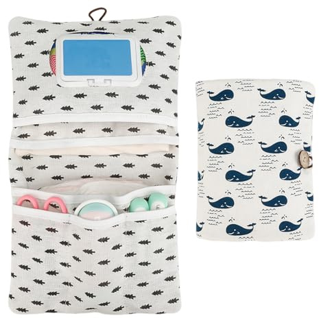 DINGFENG Windeltasche Organizer 2in1 Wickeltasche klein Wickelunterlage | Baby Windelorganizer für Unterwegs Mutter 3 Designs Whale Feather Blätter