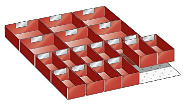 LISTA Einsatzkästen, Fronthöhe 75 mm, 12 kästen 150x75 mm, 6 kästen 150x150 mm, Schubladennutzgröße BxT 459x612 mm