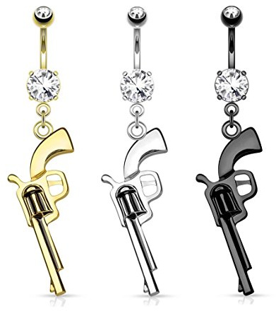 Paula & Fritz® Bauch-nabelpiercing Chirurgenstahl Revolver Pistole Anhänger Gold Silber Hämatit Set Banane Bauch-Piercing Bananabell Nabel-Piercing