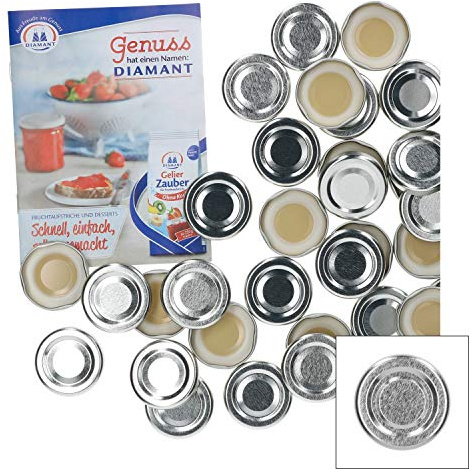 MamboCat 50er Set Deckel to 43, passend für 37 ml / 53 ml Gläser, Silber lackiert, Schraubdeckel für Sturzgläser, mit Gummidichtung incl. GRATIS Diamant-Zucker Rezeptheft