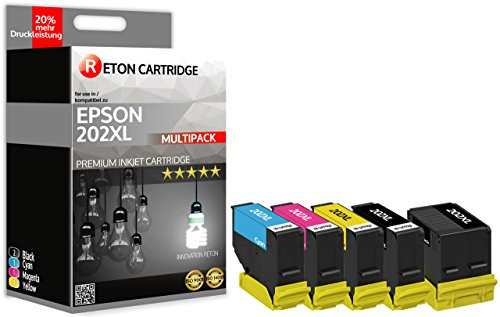 5 Original Reton Druckerpatronen | 20% höhere Druckleistung | kompatibel zu 202XL Kiwi T02G1 textschwarz, T02H2 Cyan, T02H4 gelb, T02H3 Magenta, T02H1 fotoschwarz