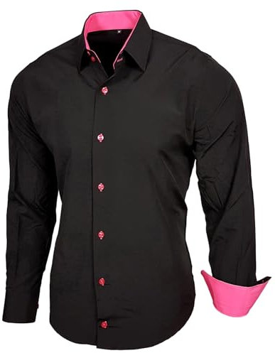 Baxboy Herren-Hemd Slim-Fit Bügelleicht Für Anzug, Business, Hochzeit, Freizeit - Langarm Hemden für Männer Langarmhemd R-44, Farbe:Schwarz/Pink, Größe:M