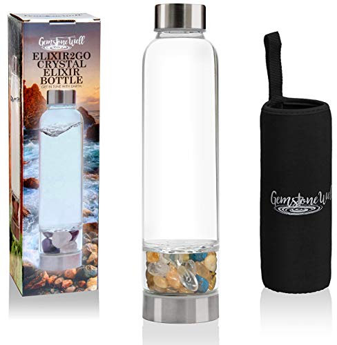 Kristall-Wasserflaschen-Elixier-Set, enthält authentisches Labor-Citrin, blauer Apatit und klare Quarz-Heilkristalle, schwarze Neopren-Hülle, trinken Sie mit Edelsteinen angereichertes Wasser