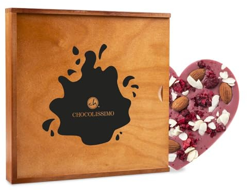 CHOCOLISSIMO - Liebes Geschenk aus Schokolade - Schoko Herz mit Zutaten, aus Ruby Schokolade, in Holzbox - Jahrestag, Geburtstag, Geschenke für Frauen, Muttertag, Frauentag, Ostern, Valentinstag