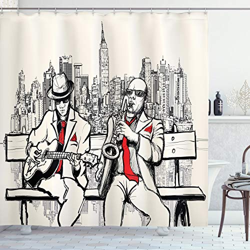 ABAKUHAUS Retro Duschvorhang, Beats in New York Nacht, Stoffliches Gewebe Badezimmerdekorationsset mit Haken, 175 x 180 cm, Rot Schwarz Ecru