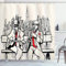 ABAKUHAUS Retro Duschvorhang, Beats in New York Nacht, Stoffliches Gewebe Badezimmerdekorationsset mit Haken, 175 x 180 cm, Rot Schwarz Ecru