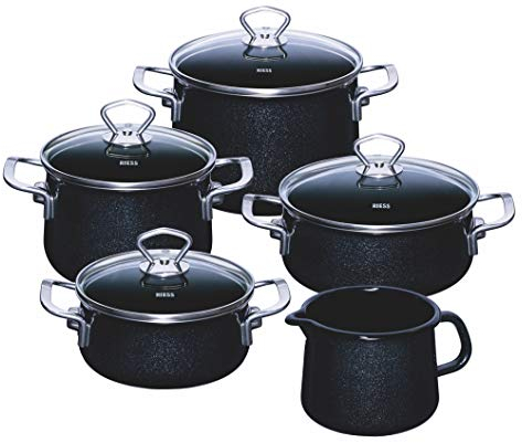 Riess, 0584-009, Familien-Set 5-teilig, NOUVELLE - BLACK MAGIC EXTRA STARK, bestehend aus: Fleischtopf mit Glasdeckel 16und 20 cm, Kasserolle mit Glasdeckel 16 und 20 cm und Schnabeltopf 12 cm