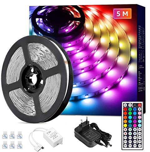 Lepro LED Strip 5M RGB Set, 5050 SMD 150 LEDs Streifen, 12V, LED Band Selbstklebend, Flexibel LED Lichtband, LED Lichterkette IP20, Bunt LED Leiste Kette Dimmbar, Netzteil und Controller enthalten