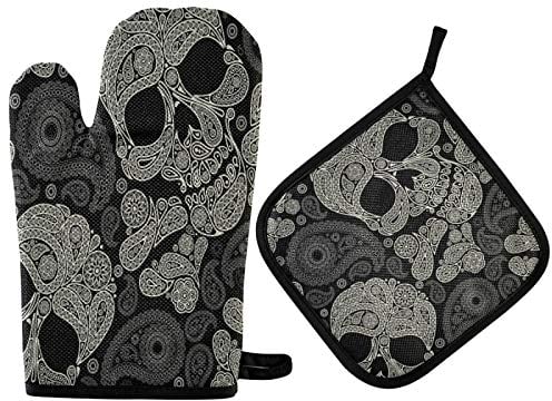 Mnsruu Sugar Skull Paisley Flower Floral Oven Mitt and Topflappen-Set, hitzebeständiger Küchenhandschuh zum Kochen, Backen, Grillen, Grillen