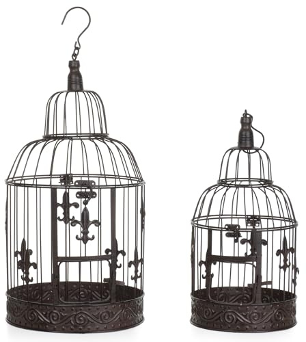 Dekorativer Vogelkäfig 2er Set aus Metall antik braun Vintage Deko Käfige groß 56 x 25 cm klein 45 x 19,3 cm zum Stellen oder Aufhängen für Innen und Außen