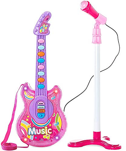Bakaji Chitarra Elettrica + Microfono Karaoke Giocattolo Bambini con 8 Pulsanti Note 12 Canzoni Demo Effeti Luce Altezza Microfono Regolabile con Attacco Aux Mp3 Smartphone Tablet (Rosa)