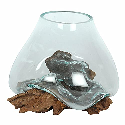 Something Different MG_61338 Molten Glass Bowl with Root Wood Stand | 1 Piece | Clear | 29 cm x 25 cm x 21.5 cm, Transparent