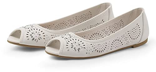 MUSSHOE Peep Toe Flat Shoes for Women, White Nubuck, 7 UK