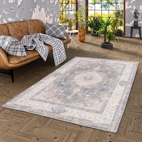 Pergamon Vintage Designerteppich Flachgewebe, Pflegeleicht, Used-Look, Teppich Finesse Orient Grau Beige Medaillon in 5 Größen
