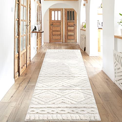 Teppich Läufer fürs Flur - 80x300cm - Hochflor - Boho - Pastell Creme - Einfarbig - Modern Raute Ornamente - Skandinavisch Flauschig Weich - Schlafzimmer