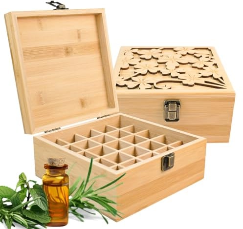RoseFlower Wooden Essential Oil Storage Box Travel Case with Bottle Cap Label, Holds 25 Bottle for 5-15ml - Aromatherapy Organizer Nail Polish Fragrance Container - Keep Scented Oil Safe & Space Saver