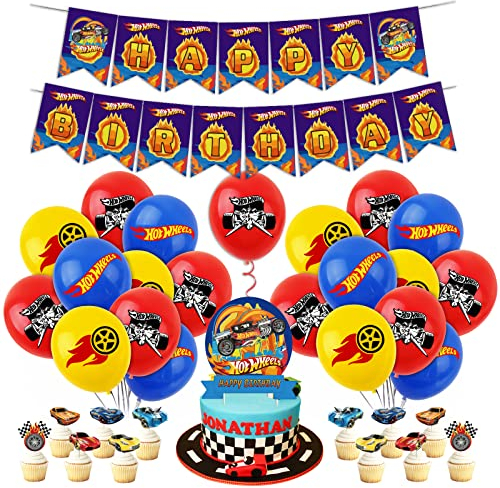 Auto Geburtstagsdeko, Hotwheels Cars Ballon, Rennauto Geburtstag Deko, Partydeko Set für Kindergeburtstag mit Rennwagen Luftballons, Happy Birthday Banner, Tortendeko