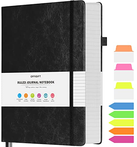 OFFIGIFT Notizbuch A5 liniert, Hardcover Tagebuch mit 312 Nummerierten Seiten, 100g/m² Tintenfestes Papier Dickes Notizbücher, Leder Tagebuch für Erwachsene Frauen Männer, 14,5 x 21,5 cm, Schwarz