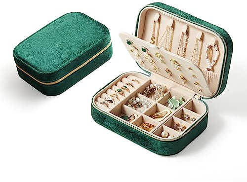 CASEGRACE Reise-Schmuckschatulle aus Plüschsamt, tragbares Schmuckkästchen für Damen und Mädchen, doppellagiger Schmuck-Organizer, Präsentationsbox für Halsketten, Ohrringe, Ringe, Armband,