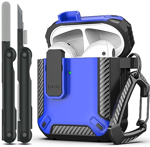 RFUNGUANGO Compatibile con AirPods Cover Custodia kit di pulizia, armatura protettiva militare con serratura Compatibile con custodia di ricarica AirPod Gen 1&2, Blu