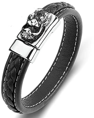 Ayoiow Lederarmband Herren Schwarz, 16.5cm Herren Armbanduhr Schwarzes Armband Mit Drachenkopf