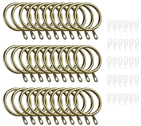 NIXRET 30 Pcs Metal Curtain Rings with Clips, 32mm Curtain Rings with Hook Rustproof Brass Rings with Clips Window Hanging Rings for Drapery