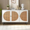 Sideboard Mit 3 Rattan Türen, Kommode Küchenschrank Aufbewahrungsschrank Mit Metallgriffe, Küchekommode Freistehender Schrank Buffetschrank Beistellschrank für Schlafzimmer, Wohnräume, Büro (Weiß)