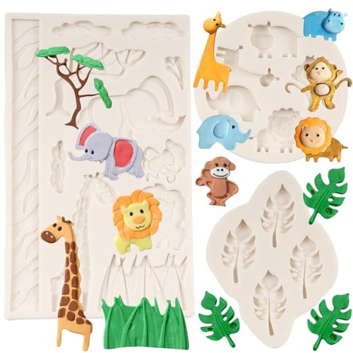 FCKEMLDS Lot de 3 moules à gâteau en silicone motif animaux de la jungle - Éléphant, girafe, singe, lion, feuille tropicale, fondant, décoration de gâteau, chocolat, bonbons, argile polymère