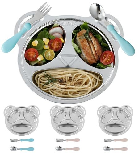 YLARMY Set of 4 Stainless Steel Divided Plates, 3 Sections Unbreakable Dinner Plates, Cute Panda Shape Divided Plates for Picky Eaters, Lunch, Camping