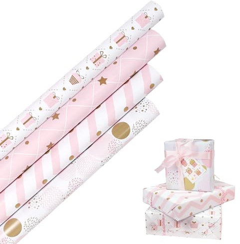 HBell Geschenkpapierrollen, 4 Rollen, rosa Geschenkpapier, Stern-Punkte, Wellenmuster, Geschenkpapier, 43 cm x 3 m, für Geburtstag, Babyparty, Party, festliche Dekorationen