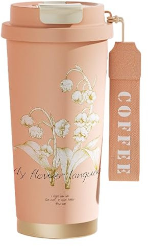 ZAKHSE Thermobecher 530ml, Kaffeebecher To Go, Vergoldete Orchidee 3-in-1-Funktion Thermotasse mit Auslaufsicher Deckel und Strohhalm, Keramische Innenwand Trinkbecher für Damen Mädchen-Rosa