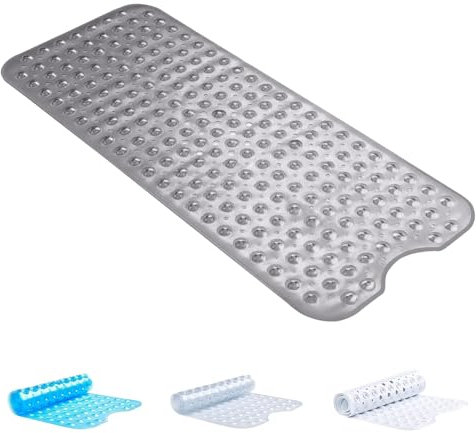 BedLooms Shower Mat Non Slip Anti Mould – Grey 100x40 cm Bath Mat for Bathroom & Bathtub with Strong Suction Cups Grip Bath Mats Easy Drain & Machine Washable Mat