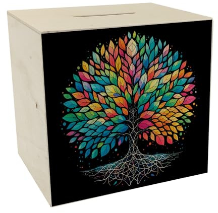 Lebensbaum Spardose aus Holz Lebensbaum bunt und farbenfroh Symbol für Natur Wachstum und vielfältige Entwicklung
