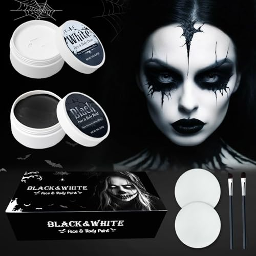 140g Faschingsschminke Theaterschminke Schwarz Weiß(70g pro Stück)mit 2 Pinseln+2 Puderquaste,Schminke Fasching Karnevalsschminke Gesichtsfarbe,für Skelett Zombie Vampir Halloween Schminke karneval