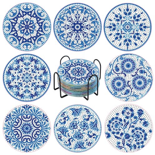 MHwan 8 pièces de Dessous de Verre acryliques tridimensionnels pour Peinture Diamant 5D, Mandala Bleu Exquis, Non absorbants, indéformables, Peuvent être réutilisés Pendant Longtemps