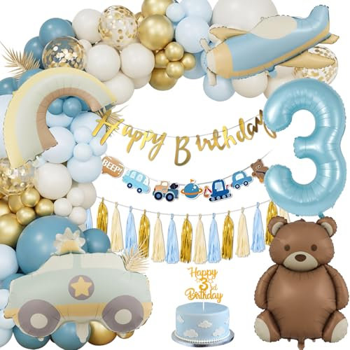 Geburtstagsdeko 3 Jahre Jungen, Bären Deko Kindergeburtstag 3 Jahre, Luftballon Geburtstag Deko 3. Blau Gold, Happy Birthday Girlande Banner Tortendeko 3 Folienballon Geburtstag Party Dekoration Junge