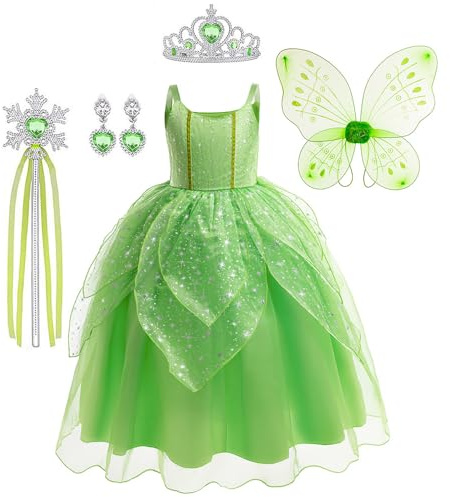 Atorcher Tinkerbell Kostüm Mädchen Grüne Kleid mit Prinzessin Kostüme Zubehör Krone Diadem Zauberstab usw für Weihnachten Verkleidung Karneval Halloween
